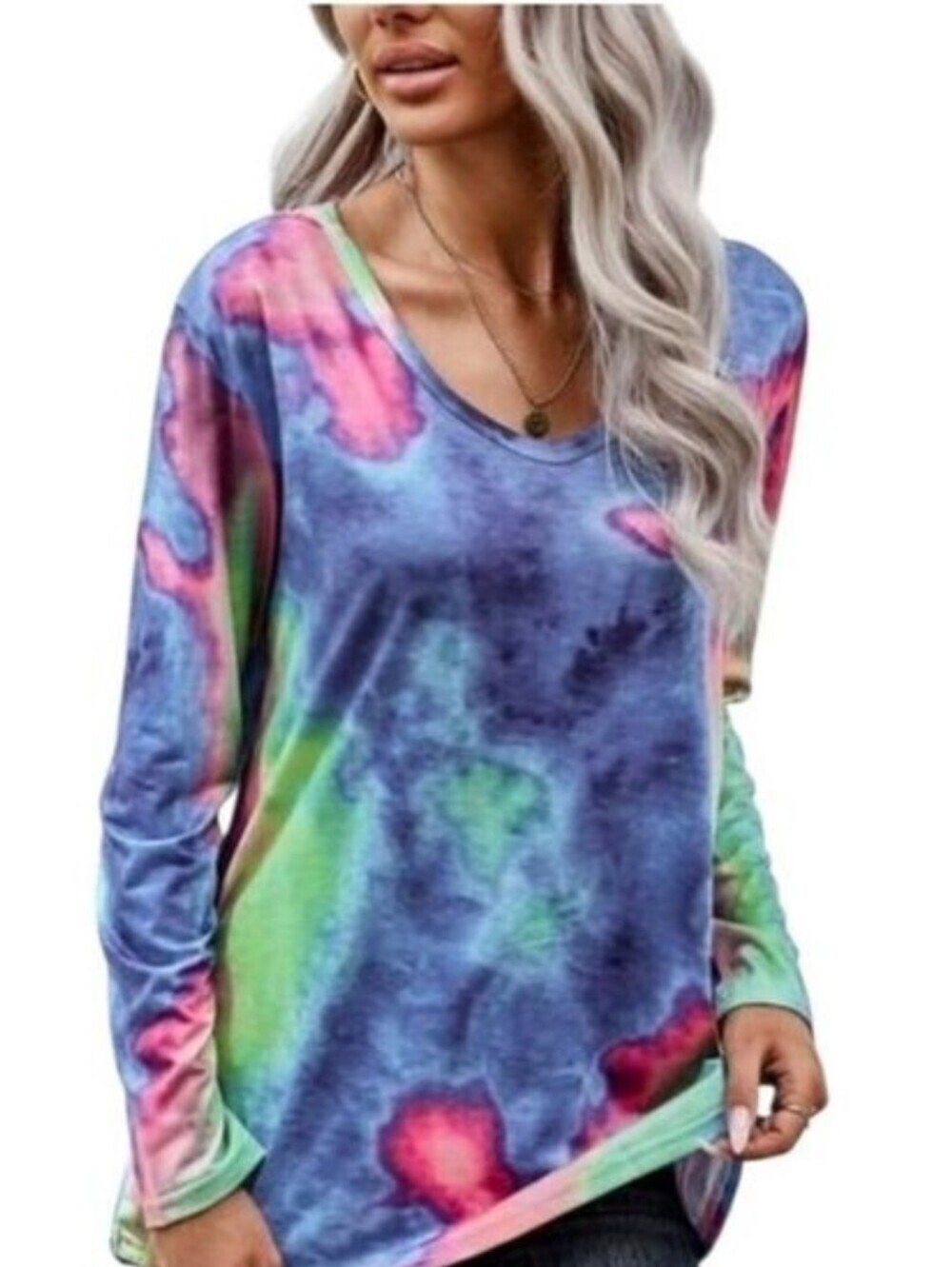 TRÏBE Pink & Blue Multi Watercolor Long Sleeve Top Size Small NWT